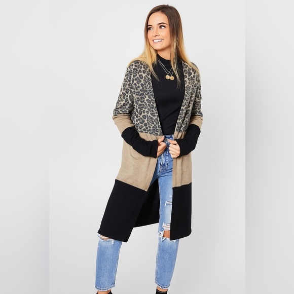 Daytrip Sweaters - DAYTRIP LEOPARD PRINT OPEN FRONT CARDIGAN